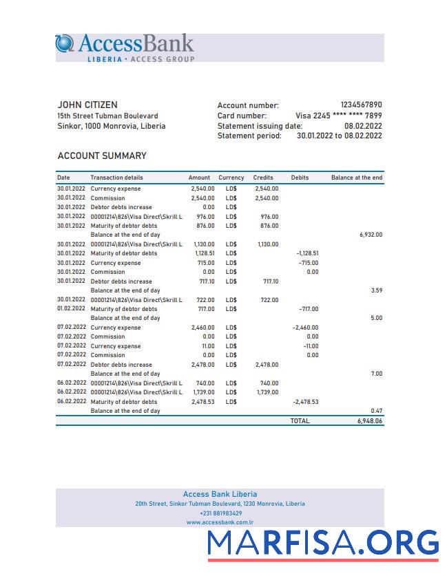 Downloadable Liberia Access bank statement excel download for verification